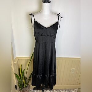 Nine West Black Satin Slip Babydoll Dress L Y2K Coquette Whimsigoth Goth LBD